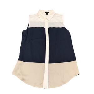Ann Taylor Sleeveless Button Front Blouse Color Block White Cream Navy XS